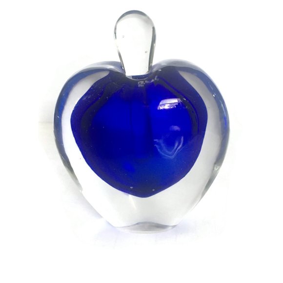 STUDIO ART GLASS Crystal Perfume Bottle Heart Hand Blown Clear over Cobal Blue - Picture 1 of 7